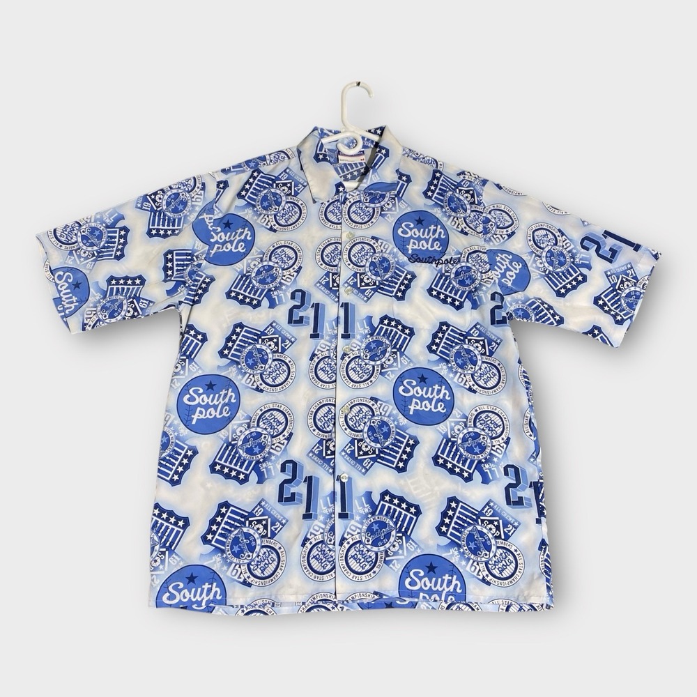 Southpole Button Down Short Sleeve Shirt Medium Blue Vtg Y2K Streetwear AOP Punk